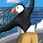anthro beak boat clothing cloud feathers fisherman fratercula_arctica male net on_boat sea solo standing swimming_trunks swimwear vehicle water watercraft shriadistic daniel_(shriadistic) alcid atlantic_puffin avian bird lari puffin 1:1 watermark