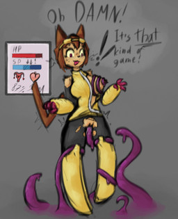 anthro blush bodily_fluids breasts brown_body brown_fur brown_hair clothing eyewear female female_penetrated fur gameplay_mechanics genital_fluids genitals goggles gui hair health_bar open_mouth penetration robotic_arm sex shake_lines simple_background solo surprised tail tentacle_penetration tentacle_sex tentacles text torn_clothing vaginal vaginal_penetration vulva wardrobe_malfunction whiskers alexleviafan gameoverse glitch_productions kit_bodega domestic_cat felid feline felis mammal 2026 digital_media_(artwork) english_text