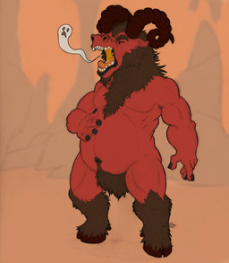 anthro belly big_belly body_hair burping hand_on_belly happy_trail hooves horn male male_pred musclegut muscular open_mouth pubes red_body red_skin solo soul_vore tongue sillywerwolf bovid caprine demon goat mammal hi_res