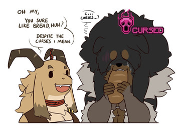 anthro black_body black_fur black_hair black_nose bodily_fluids bread breasts brown_body brown_fur clothed clothing curved_horn dialogue duo ear_piercing eating female fingers food fur fur_trim_(clothing) gloves hair handwear horn open_mouth piercing simple_background smile speech_bubble text topwear ishton_(artist) dog_knight_rpg mythology gigi_(ishton) ida_(ceehaz) canid canine canis domestic_dog dragon livestock_guardian_dog mammal molosser mountain_dog mythological_creature mythological_scalie pastoral_dog scalie tibetan_mountain_dog digital_media_(artwork) english_text