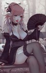 big_breasts blue_eyes bra breasts cleavage clothed clothing female hair legwear pink_hair solo thigh_highs underwear soranamae final_fantasy final_fantasy_xiv square_enix animal_humanoid au_ra humanoid scalie scalie_humanoid