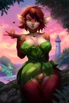 anthro bangs bedroom_eyes bite biting_lip breasts choker clothing covered_pussy female forest green_eyes hair jewelry looking_at_viewer narrowed_eyes necklace piercing plant pose pubes red_hair ring ring_(jewelry) seductive solo tree kaislair activision spyro_the_dragon elora faun_(spyro) humanoid pinup