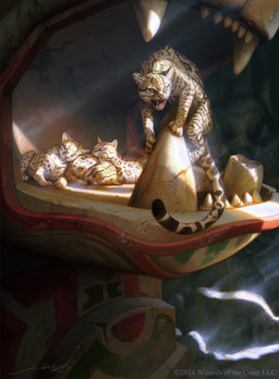 ambiguous_gender angry eyes_closed feral group looking_at_viewer lying open_mouth sculpture sleeping statue tail whiskers young young_feral joshua_cairos hasbro magic:_the_gathering wizards_of_the_coast felid feline leopardus mammal ocelot 2023 hi_res official_art