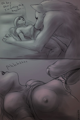 anthro bed breast_lick breast_play breasts dialogue duo female female_human female_on_anthro furniture hair human_on_anthro interspecies licking long_hair male male/female male_anthro male_on_human moan nipples sharp_teeth sniffing submissive submissive_female teeth text tongue peregr1ne mythology canid canine human mammal mythological_canine mythological_creature werecanid werecanine werecreature werewolf 2:3 comic english_text hi_res monochrome