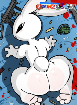 anthro big_butt black_eyes bullet butt cotton_tail explosives femboy fur grenade gun long_ears male presenting presenting_hindquarters ranged_weapon solo weapon white_body white_fur sharkysocks bunnykill lagomorph leporid mammal rabbit hi_res