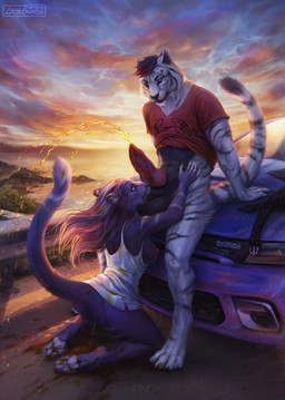 4_toes anthro ball_lick balls barefoot bodily_fluids claws clothing detailed_background duo feet female female_peeing finger_claws genital_fluids genitals kneeling knot knotted_penis licking male male/female male_peeing oral pawpads paws peeing peeing_together penis pink_pawpads sex shirt sitting soles submissive submissive_anthro submissive_female toe_claws toes tongue topwear urine urine_on_face urine_on_ground urine_pool urine_stream watersports lostgoose felid mammal pantherine tiger hi_res