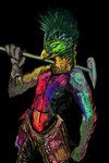 anthro beak bottomwear clothing feathered_crest feathers green_eyes hammer head_crest iridescent iridescent_fur male mouth_closed multicolored_body nipples pants solo standing tools weapon_on_shoulder hyperdynamic avian bird colorful_theme hi_res