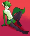 anthro bulge clothed clothing crossdressing ear_piercing femboy green_body green_hair hair legwear male panties piercing red_eyes side-tie_panties solo stockings tail thong topless underwear momorodent domestic_cat felid feline felis mammal