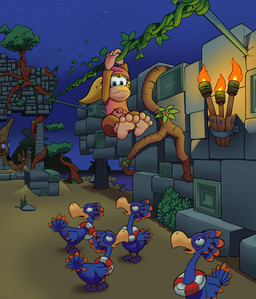 3_toes anthro barefoot beak blonde_hair brown_body brown_fur clothing feet female fire fur green_eyes group hair hat headgear headwear long_hair night plant sand smile soles temple toes tree vines water matiz1994 donkey_kong_(series) nintendo dixie_kong avian bird haplorhine kong mammal monkey primate hi_res