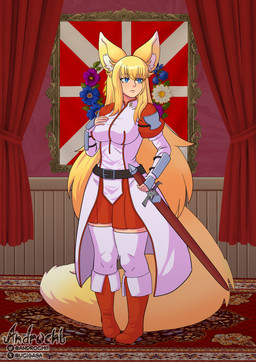 1/4_angle armor belt big_tail blonde_hair blue_eyes boots breasts carpet clothing courtains crop_top elegant_pose emblem female female_fighter female_soldier fluffy footwear fox_ears fox_tail hair hand_on_breast holding_melee_weapon holding_object holding_sword holding_weapon huge_tail legwear long_hair looking_away melee_weapon military occult_symbol poker_face red_curtains royal_portrait royalty shirt shoes sigil soldier stockings sword symbol tail topwear warrior weapon canid canine fox mammal invalid_tag painting_(disambiguation) absurd_res hi_res