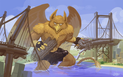 abs anthro balls balls_outline beak biceps biped boxer_briefs bridge brown_body building building_destruction bulge car city city_background cityscape claws clothed clothing destruction detailed_background detailed_bulge erection erection_under_briefs erection_under_clothing extreme_size_difference feathered_wings feathers finger_claws fingerless_gloves fingers genital_outline genitals gloves handwear house looking_at_viewer macro macro_anthro macro_male male muscular muscular_anthro muscular_male outside pecs penis_outline rampage size_difference sky solo tail underwear vehicle vehicle_destruction water wings skadigasm mythology carpo avian gryphon mythological_avian mythological_creature hi_res