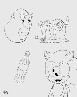 anthro bottle bottle_cap container ears_up eyebrows group looking_forward male open_mouth smile teeth teeth_showing tongue trio chisheq dreamworks nickelodeon sega shrek_(series) sonic_the_hedgehog_(series) spongebob_squarepants gary_the_snail shrek_(character) sonic_the_hedgehog 2023 4:5 hi_res meme monochrome sketch