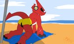 anthro beach beach_umbrella beachside bottomwear butt claws clothing eyewear male outside parasol presenting presenting_hindquarters red_body sand scar seaside shorts solo sunglasses swimwear heibanhikaru bandai_namco digimon axl_shoutmon digimon_(species) shoutmon absurd_res hi_res