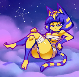 :< ankh anthro bandage bandage_only bandaged_chest bandaged_leg blue_background blue_body blue_fur blue_hair cloud cloudy_background cloudy_sky constellation crossed_legs detailed_background egyptian feet female female_anthro fur hair looking_at_viewer mostly_nude night ornament ornament_head pink_background purple_background purple_eyes serious_face simple_background sitting sky skyscape solo star unimpressed wrapped_breasts wrappings yellow_body yellow_fur torkirby_(artist) animal_crossing nintendo ankha_(animal_crossing) domestic_cat felid feline felis mammal