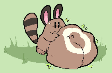 :< ambiguous_feral ambiguous_gender ambiguous_pred belly belly_markings belly_on_ground big_belly big_ears biped bipedal_feral black_sclera bloated blush bodily_fluids brown_body brown_ears brown_fur circle_(marking) closed_frown discovered ears_up emanata feral feral_pred frown frowning_at_viewer fully_inside fur grass green_background hand_imprint hand_on_belly hand_on_own_belly huge_belly imprint in_grass looking_at_viewer markings motion_lines mouth_closed multicolored_body multicolored_fur nervous nervous_sweat noseless pink_inner_ear plant raccoon_tail raised_tail ring_(marking) ringed_tail rumbling_stomach same_size_vore short_arms short_legs simple_background soft_vore solo standing standing_in_grass striped_markings striped_tail stripes sweat sweatdrop tail tail_markings tan_body tan_fur tan_markings three-quarter_view unseen_prey vore white_eyes wide_hips meatcanister nintendo pokemon generation_2_pokemon mammal pokemon_(species) sentret 2026 dialogue_in_description digital_media_(artwork) english_description full-length_portrait pixel_(artwork) portrait