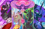 abstract_background cape clothing female feral group horn looking_at_viewer male regalia smile star villainous wings aries84 friendship_is_magic hasbro my_little_pony mythology discord_(mlp) king_sombra_(mlp) nightmare_moon_(mlp) queen_chrysalis_(mlp) twilight_sparkle_(mlp) arthropod changeling chimera draconequus equid equine mammal mythological_creature mythological_equine unicorn winged_unicorn bust_portrait portrait