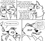 anthro cigarette clothing dialogue duo eyes_closed fangs female hoodie male simple_background smile smoking teeth text topwear white_background the_weaver disney pack_street zootopia betty_(weaver) fan_character shepard_bellwether canid canine canis mammal wolf comic digital_drawing_(artwork) digital_media_(artwork) english_text monochrome sibling_(lore)