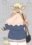 2_horns anthro bag big_breasts biped blonde_hair blue_eyes blush blush_lines boots breasts cellphone cleavage cleavage_overflow clothed clothing dress ears_up electronics female footwear hair horn huge_breasts looking_at_viewer phone shoes short_hair smartphone solo standing text doodle_dip momo_(doodle_dip) bovid bovine cattle mammal 2024 absurd_res english_text hi_res signature