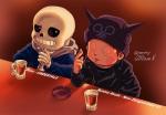 anterior_nasal_aperture beverage bone cigarette clothed clothing duo eyes_closed hair hat headgear headwear jacket male not_furry open_mouth rosy_cheeks shirt sitting skeleton skull smile teeth text topwear pamvary danganronpa danganronpa_v3 spike_chunsoft undertale undertale_(series) ryoma_hoshi sans_(undertale) animated_skeleton human humanoid mammal undead crossover english_text