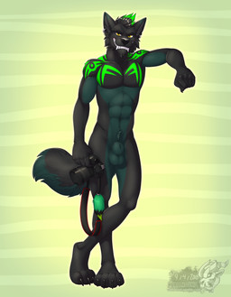 abs animal_genitalia anthro balls camera clothed clothing fangs fully_sheathed genitals looking_at_viewer male markings nude sheath smile solo standing tail teeth vallhound nino_wolf canid canine canis mammal wolf digital_media_(artwork) hi_res