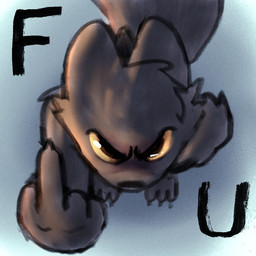 3_toes 5_fingers ambiguous_gender angry anthro big_ears big_eyes big_tail biped black_body black_claws black_eyebrows black_fur black_nose blue_background brown_eyes cheek_tuft claws eyebrows facial_tuft feet finger_claws fingers flipping_viewer_off fluffy fluffy_tail fur gesture hand_gesture head_tuft high-angle_view insult insulting_viewer letter_(alphabet) looking_at_viewer middle_finger orange_sclera raised_arm shitpost simple_background snout solo standing tail toes tuft wickflix casualties:_unknown gunsaw canid canine expie_(gunsawian) fox gunsawian hybrid mammal murid murine rat rodent 1:1 2026 digital_drawing_(artwork) digital_media_(artwork) meme reaction_image shaded