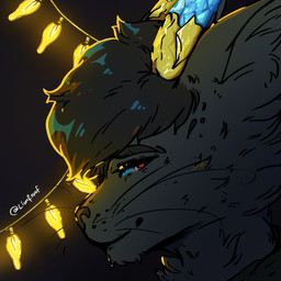 ambiguous_gender anthro black_background black_hair blue_horn fur grey_body grey_ears grey_fur hair horn looking_at_viewer mouth_closed narrowed_eyes short_hair simple_background solo string_lights whiskers yellow_horn lionfloof ke'an felid mammal 1:1 hi_res signature
