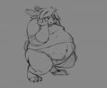 anthro belly big_belly bottomless chubby_cheeks claws clothed clothing fur grey_background hair hand_on_cheek male moobs navel obese obese_anthro obese_male overweight overweight_anthro overweight_male simple_background solo standing thick_thighs toe_claws rumash lagomorph leporid mammal rabbit greyscale monochrome