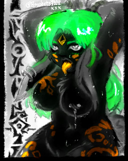 anthro barbell_piercing bdsm black_body black_teeth blush blush_lines bodily_fluids bondage bound breasts chest_tuft ear_piercing ears_down facial_markings female forehead_gem furgonomic_piercing furgonomics gem genitals glistening glistening_body glyphs green_hair grey_body hair hands_behind_back hands_behind_head hands_tied hands_tied_behind_back head_markings long_ears long_hair markings navel nipple_piercing nipples orange_markings orange_tongue piercing pivoted_ears pupils restraints rope rope_bondage saliva saliva_on_tongue saliva_string scut_tail short_tail simple_background slit_pupils solo sweat sweatdrop sweaty_breasts tail teeth tongue tongue_out tuft vulva white_background white_eyes bracketsxxx mythology mythological_carbuncle mythological_creature clip_studio_paint_(artwork) digital_media_(artwork) hi_res signature