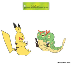 alcohol ambiguous_gender anthro beverage card duo feral holding_object open_mouth tail text yellow_body winick-lim nintendo pokemon arthropod caterpie generation_1_pokemon insect mammal pikachu pokemon_(species) digital_media_(artwork) english_text