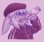 alcohol ambiguous_gender anthro beverage body_fur chugging clothing drinking fur gopnik hair hat headgear headwear horizontal_pupils pink_background pupils russia russian short_hair simple_background slavic solo tracksuit vodka whiskers white_hair buneposter made_in_abyss nanachi mammal narehate 2019 bust_portrait hi_res monochrome portrait purple_theme