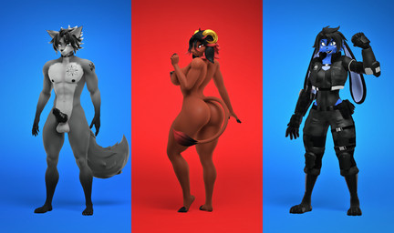 2_horns animal_genitalia animal_penis anthro arm_tattoo balls big_breasts big_penis black_body black_clothing black_fur black_hair black_leotard blue_body blue_eyes blue_fur breasts brown_body canine_genitalia canine_penis chest_tattoo clothed clothed_anthro clothed_female clothing collar collar_only female flexing freckles fur genitals grey_body grey_eyes grey_fur group hair heterochromia highlights_(coloring) hooved_plantigrade hooved_toes hooves horn knot leotard long_ears male multicolored_body multicolored_fur multicolored_hair nude penis plantigrade red_eyes red_highlights shoulder_tattoo standing tail tail_tuft tattoo trio tuft two_tone_body two_tone_fur two_tone_hair yellow_horn conditional_dnp domi3d ace_(domi3d) domi_(domi3d) kole_(domi3d) bovid canid canine canis caprine goat hybrid lagomorph leporid mammal rabbit sheep wolf 2025 3d_(artwork) absurd_res digital_media_(artwork) hi_res source_filmmaker_(artwork)
