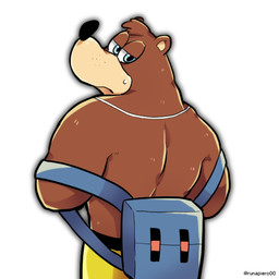 anthro back_muscles backpack blue_eyes bottomwear brown_body brown_fur clothing fur looking_back male shirtless shorts solo runapiero00 banjo-kazooie rareware banjo_(banjo-kazooie) bear mammal 1:1