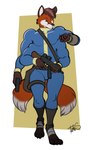 2_tails 4_arms 4_pecs 4_toes absurd_res anthro belt belt_pouch bethesda_softworks blue_eyes brown_hair canid canine chipfox clothing digital_media_(artwork) fallout feet foot_wraps fox freckles_(artist) gun hair handgun hi_res jumpsuit leg_warmers legwear looking_at_watch male mammal multi_arm multi_limb multi_pecs multi_tail pecs ranged_weapon red_fox rifle rifle_scope rifle_sling signature simple_background solo tail toes true_fox vault_suit weapon wraps