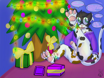anthro anus balls christmas_present christmas_tree foreskin genitals gift holidays male one_leg_up paws penis plant raised_leg solo spread_legs spreading tail text trapped trapped_in_net tree pixelt christmas pixy_(pixelt) calico_cat domestic_cat felid feline felis mammal 4:3 absurd_res hi_res spanish_text translated