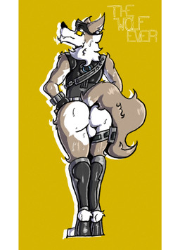 anthro anus balls black_nose bodily_fluids bottomless brown_body brown_fur butt butt_tuft clothed clothing facial_tuft fangs fingerless_gloves footwear fur genitals gloves hands_on_hips handwear headgear headwear legwear looking_back male multicolored_body neck_tuft pouch_(clothing) rear_view simple_background solo standing sweat teeth topwear tuft vest white_body white_fur yellow_sclera thewolfever epic_games fortnite wendell_(fortnite) canid canine canis mammal wolf 2025 digital_drawing_(artwork) digital_media_(artwork) hi_res