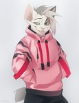 anthro blue_eyes clothing eyebrows eyelashes hair hairless hoodie looking_at_viewer male pink_clothing pink_hoodie pink_topwear smile solo topwear white_hair kaerufrog domestic_cat felid feline felis hairless_cat mammal sphynx_(cat) 2022 digital_media_(artwork)