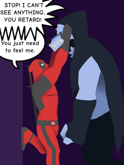 all_caps angry anthro clothed clothing duo full_body_suit fully_clothed fur grey_body grey_fur human_on_anthro interspecies long_snout male male/male poncho slur snout speech_bubble text touching_face tri.c dreamworks marvel mythology puss_in_boots_(franchise) x-men deadpool death_(puss_in_boots) canid canine canis human humanoid mammal mythological_creature wolf 3:4 english_text hi_res
