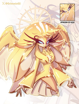 4_fingers angelic anthro blonde_hair blue_eyes blue_glow breasts chest_tuft eyelashes feathered_wings feathers featureless_breasts female fingers flat_ears glowing glowing_eyes gold_halo hair halo long_eyelashes long_hair looking_at_viewer markings narrowed_eyes smile smiling_at_viewer solo spiked_halo spread_wings standing tuft white_markings wings yellow_breasts grimmie2 hazbin_hotel hellaverse speaker_of_god_(hazbin_hotel) angel avian absurd_res hi_res