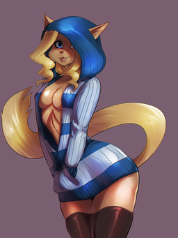 anthro blonde_hair blue_eyes breasts clothing female grey_background hair legwear looking_at_viewer pattern_clothing pattern_sweater pattern_topwear simple_background smile solo stockings striped_clothing striped_sweater striped_topwear stripes sweater tongue tongue_out topwear general-irrelevant cheese_quesadilla felid mammal 3:4 digital_media_(artwork) hi_res