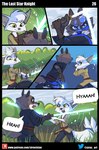 2023 anthro blue_eyes blue_lightsaber bottomwear butt canid canine clothed clothing comic dialogue digital_media_(artwork) dodging duo english_text female fight fingers forest fur grass hair hi_res holding_lightsaber holding_object holding_weapon jonan_dane_(siroc) lightsaber looking_at_viewer looking_back lyra_sovenka_(siroc) machine male mammal melee_weapon nature open_mouth outside parody patreon plant procyonid raccoon rear_view siroc speech_bubble standing star_wars tail teeth text tree twitter url weapon yellow_eyes