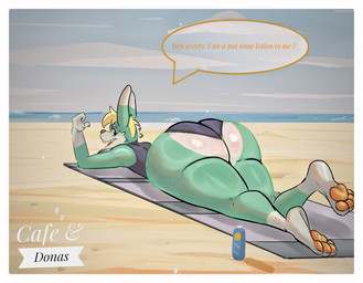 anthro beach big_butt blonde_hair butt dialogue femboy hair huge_butt looking_back lying male on_front open_mouth pawpads paws sand seaside solo speech_bubble text water cafe_ydonas animal_crossing nintendo sasha_(animal_crossing) lagomorph leporid mammal rabbit english_text hi_res