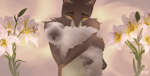 anthro arm_tuft blue_eyes brown_body brown_fur cheek_tuft death duo facial_tuft female feral flower fluffy fluffy_tail fur grey_body grey_fur hug inner_ear_fluff lily_pad male multicolored_body orange_eyes plant sad shoulder_tuft tail tuft two_tone_body white_body white_flower white_fur ocelotka microsoft the_elder_scrolls ocelotka_(ocelotka) zeus_(ocelotka) domestic_cat felid feline felis khajiit mammal digital_media_(artwork)
