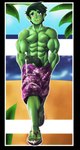 abs animal_genitalia animal_penis beach biceps big_penis blush bodily_fluids clothing cum cum_on_feet cum_string equine_genitalia equine_penis feet flip_flops footwear genital_fluids genitals green_body green_hair green_nipples green_penis green_skin hair male muscular muscular_male nipples pecs penis sandals seaside shoes smile smiling_at_viewer solo swimming_trunks swimwear insaneeighteen dc_comics beast_boy humanoid hi_res