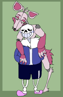ambiguous_gender anthro black_eyes blue_clothing blue_hoodie blue_topwear blush blush_lines bone clothing duo eyelashes faceplate fluffy fur head_tuft hoodie hug hugging_another hugging_from_behind leaning machine male metallic_body pink_body pink_fur simple_background size_difference skeleton teeth topwear tuft yellow_eyes allycatboom five_nights_at_freddy's scottgames sister_location undertale_(series) funtime_foxy_(fnaf) sans_(undertale) animatronic canid canine fox humanoid mammal robot robot_anthro robot_humanoid
