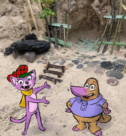 anthro brown_body brown_fur clothing duo female fur hat headgear headwear male photo_background pink_body plant rock sand scarf smile standing tail whiskers yellow_scarf stefan_fjeldmark platy_and_puss platy_(platy_and_puss) puss_(platy_and_puss) domestic_cat felid feline felis mammal monotreme platypus 2021 mixed_media photography_(artwork)