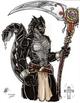 abs anthro athletic beads belt biped black_body black_scales black_skin claws cloth clothed clothing cross cross_necklace eyewear glasses grey_body grey_scales holding_object holding_weapon jewelry looking_at_viewer male melee_weapon muscular muscular_anthro necklace polearm prayer_beads rosary scales scythe sharp_teeth simple_background skimpy smile solo standing tail tail_mouth teeth unusual_anatomy unusual_tail ventral_scales weapon white_background walter_sache grygon_the_divine_creature_(walter_sache) demon reptile scalie 2010 dated