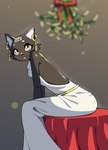 anthro black_body black_fur breasts brown_eyes clothing cute_fangs dress ear_piercing ear_ring fangs female fur holidays mistletoe open_mouth piercing plant ring_piercing side_boob solo teeth tongue nulia christmas tarahe domestic_cat felid feline felis mammal hi_res