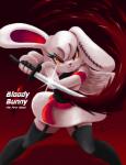 anthro blood bodily_fluids clothed clothing female fur melee_weapon red_background red_eyes scar simple_background solo standing stitch_(sewing) sword text weapon yellow_eyes jo-vee-al 2spot_studio bloody_bunny_(series) bloody_bunny lagomorph leporid mammal monster rabbit english_text hi_res