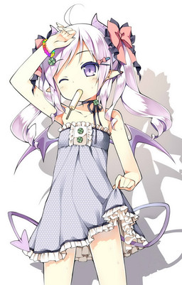 ahoge bare_shoulders demon demon_wings dress fangs female hair hair_ribbon horn long_hair looking_at_viewer mofetousu_furuna mouth_hold one_eye_closed open_mouth original plain_background pointy_ears popsicle purple_eyes ribbons saru_(artist) shadow silver_hair simple_background solo spade_tail sweat twintails white_background wings wink
Rating: Safe
Score: 0
User: AnacondaRifle
Date: March 28, 2014