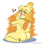 anthro blonde_hair blush breasts butt covering covering_self female fur green_eyes hair heart_symbol looking_at_viewer looking_back looking_back_at_viewer nude solo tail tail_motion tailwag yellow_body yellow_fur spicystew stewsspicyblog animal_crossing nintendo isabelle_(animal_crossing) canid canine canis domestic_dog mammal shih_tzu toy_dog 2021 hi_res